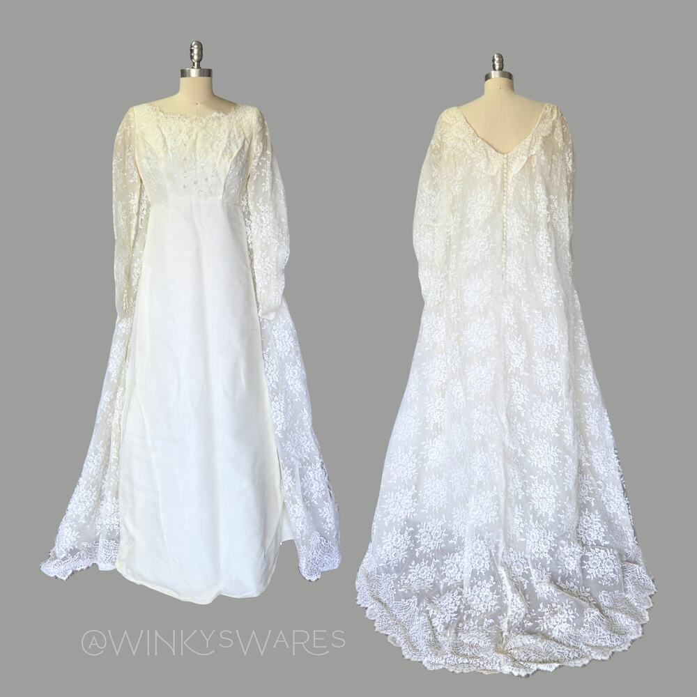 Vintage 60's Cape Back Wedding Dress Size S Lace Empire Waist Mod Bridal Gown